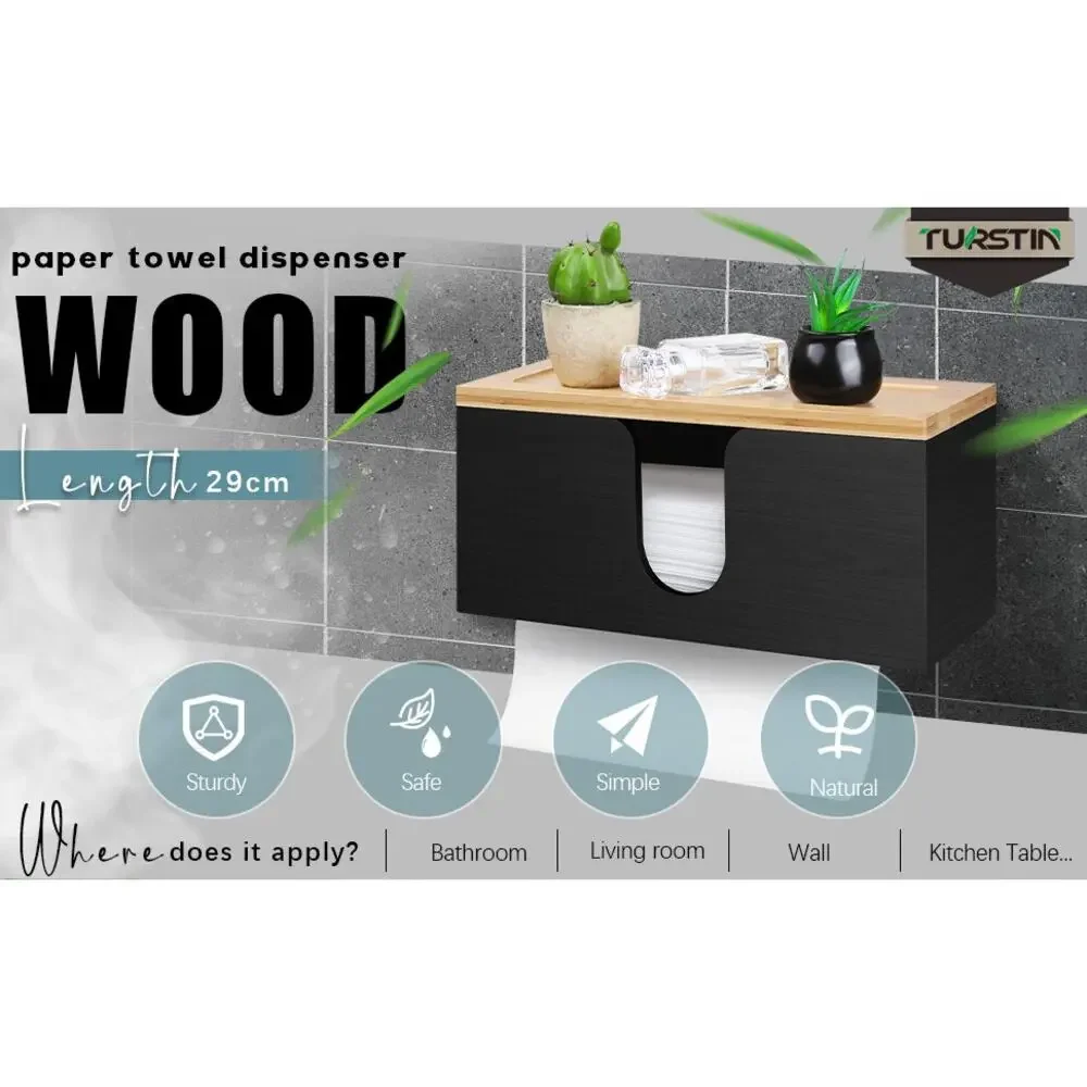 Wall Mount Paper Towel Holder Wood Dispenser Kitchen Napkin Storage Bamboo Top